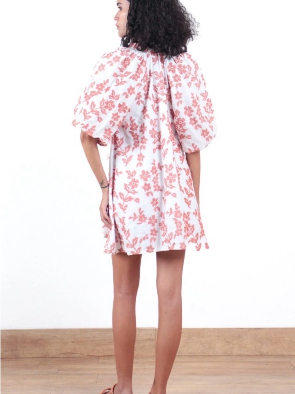 Floral V-Neck Puff Sleeve Mini Dress in Blush Pink - Picture 3 of 6